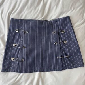 With Jean Navy Pinstripe Mini Skirt with Safety Pin Accents